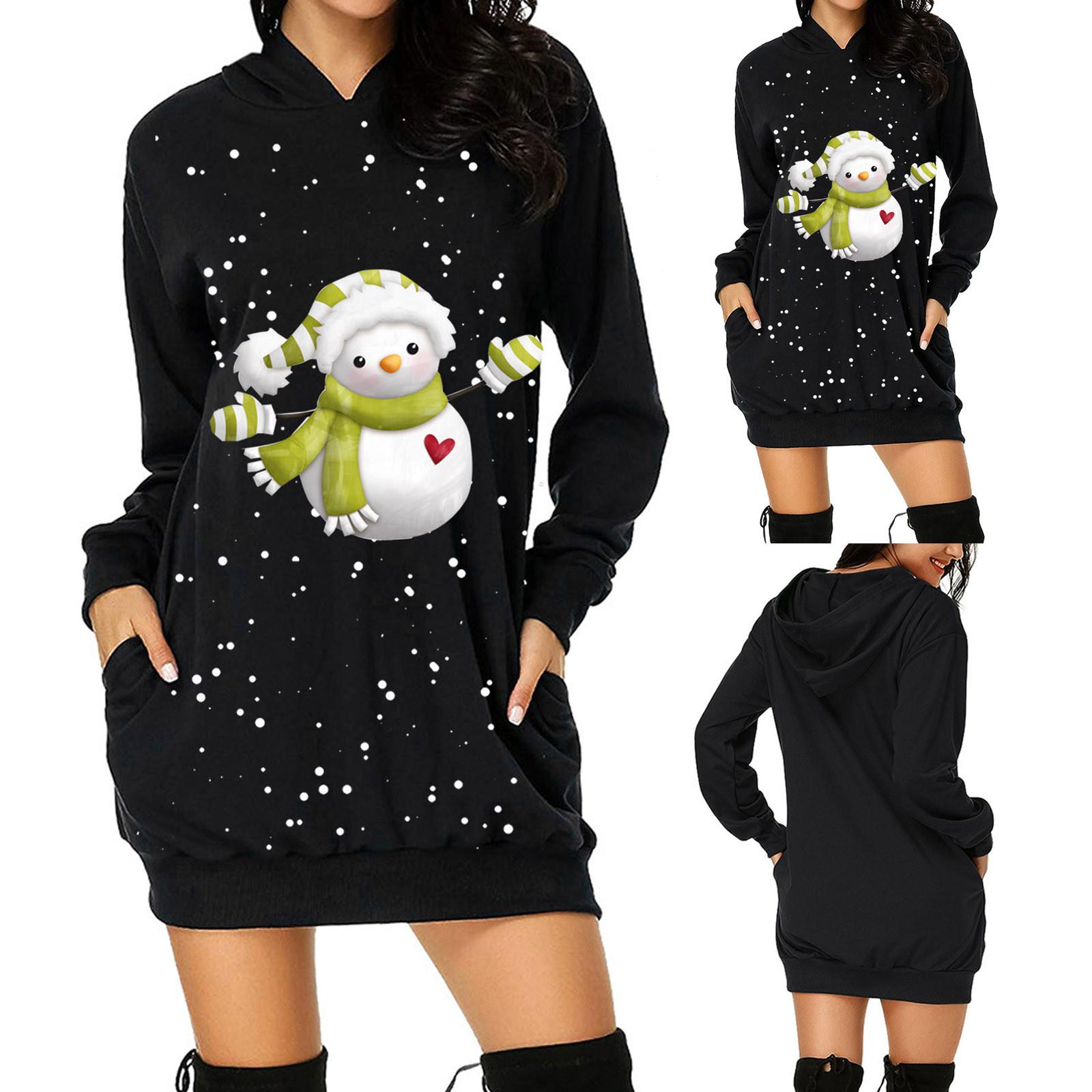 

Женская мода Рождественский снеговик с капюшоном Сумка с капюшоном с карманом и принтом Платье с капюшоном XL чёрный