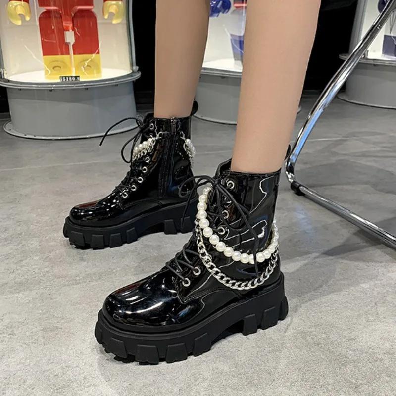 Fashion Autumn Winter Platform Leather Pearl Chain Women's Motorcycle Boots Designer Soft-soled Ladies Shoes Fashion Ankle Boots Female