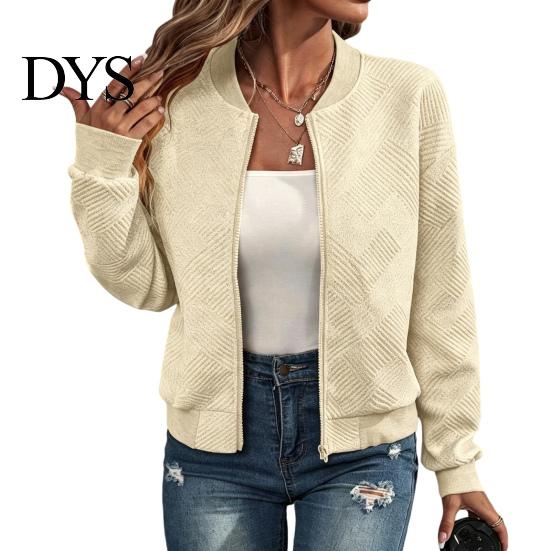 Comfortable Women Workwear Fall Winter Zip-Up Jacket, Solid Color Long Sleeve Casual Jacket Outwear, Round Neck Autumn Coat with Ribbed Collar