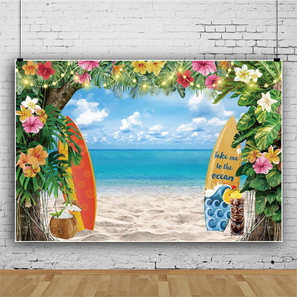 Summer Hawaii Beach Backdrop Tropical Flowers Aloha Luau Sea Surfboard Holiday Party Birthday Photography Background Decor Props