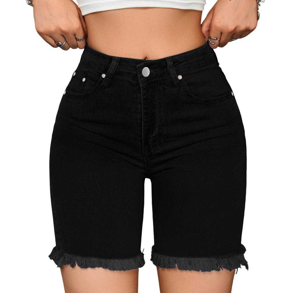 Damen High Waist Gerade Bein Jeansshorts mit Taschen Lässige Dehnbare Jean Bermuda Shorts für den Sommer