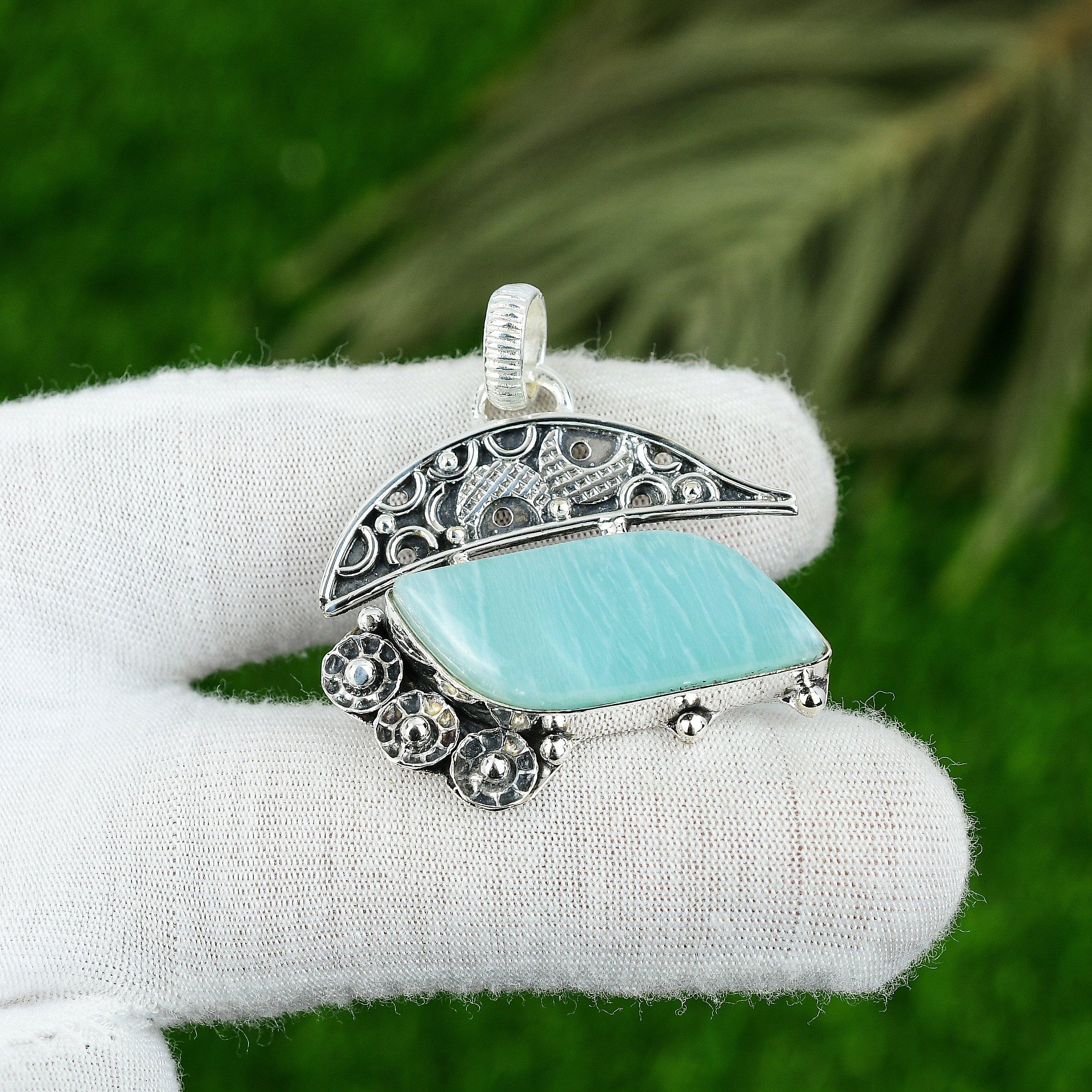 

Natural Amazonite Gemstone Pendant 925 Sterling Silver Indian Jewelry For Girls