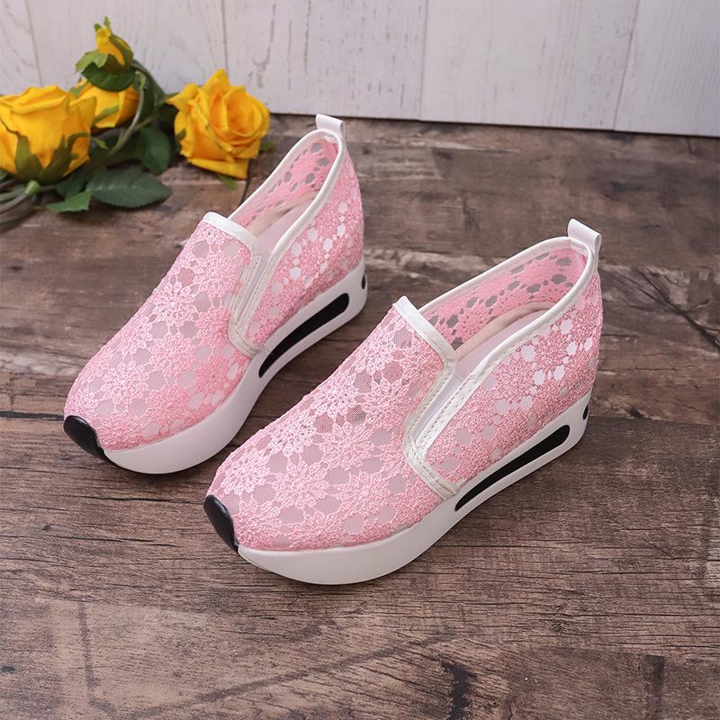 Spring 2026 Korean Style Women's Platform Slip-on High Heel Shoes with Lace Mesh Upper and Inner Height Increase