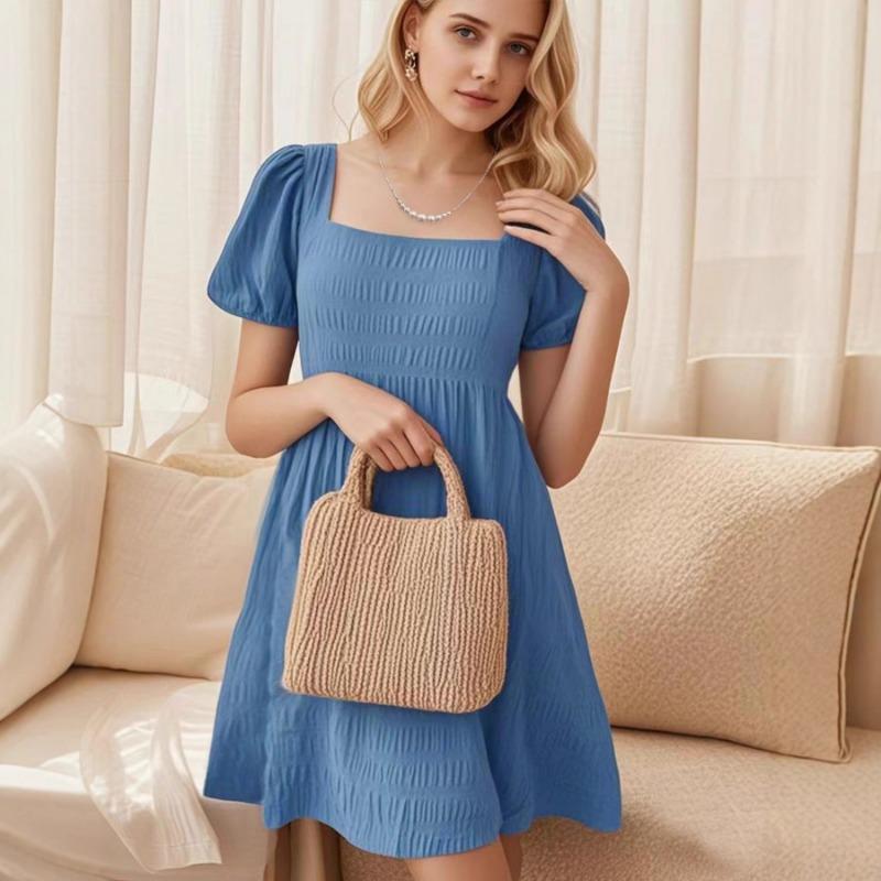 Women Summer Square Neck Fitted Puff Sleeve A Line Short Dress