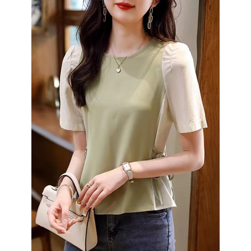 Women s Color Block Puff Sleeve Blouse, Crew Neck Casual T-Shirt With Waist Drawstring M