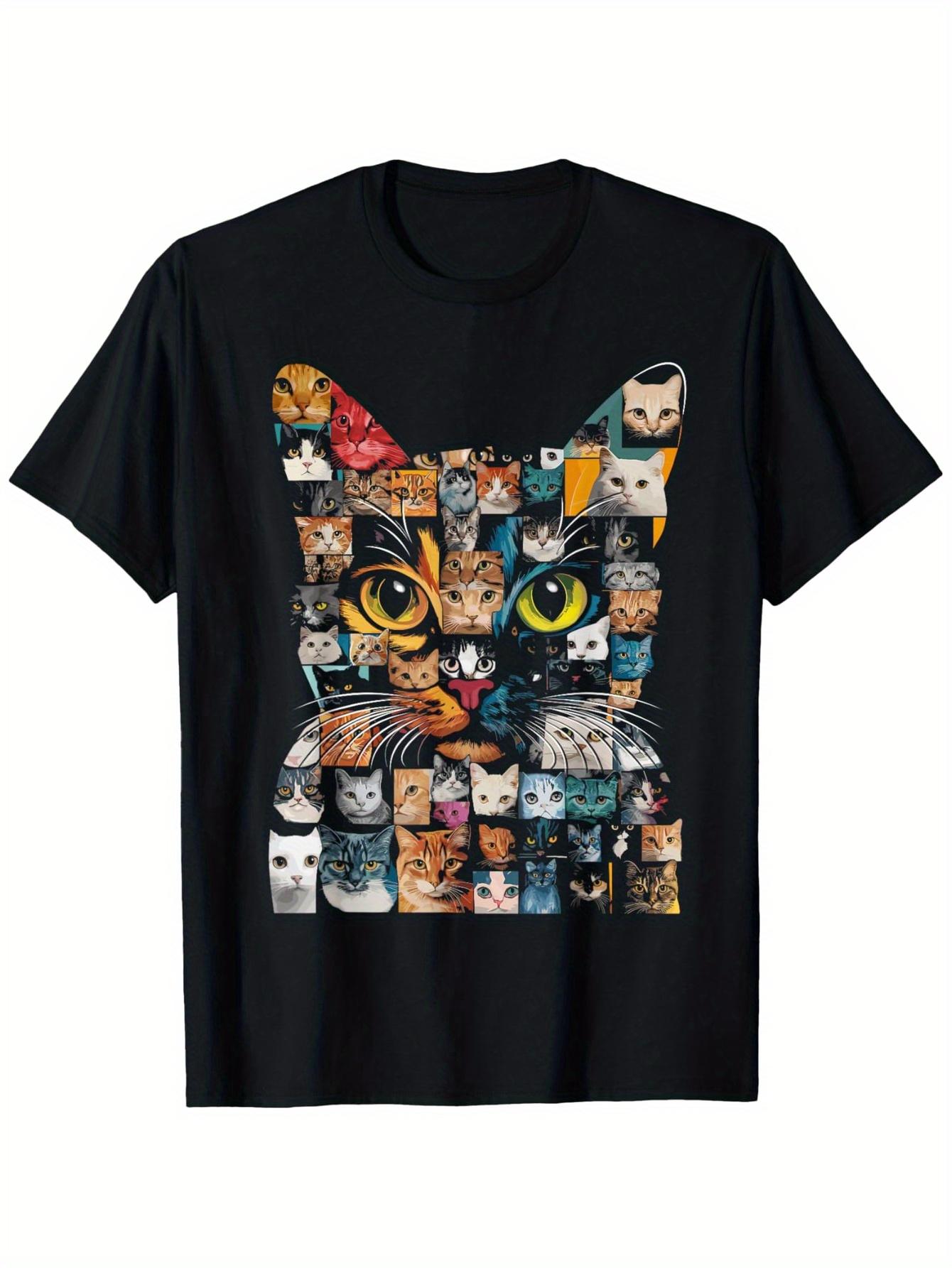 Men s & Women s Cat Lover T-Shirt - Black with Multicolor Cat Face Collage Print M