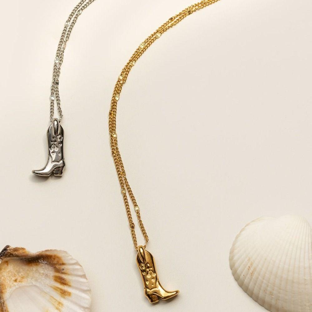 Silver Boot Cowboy Boot Necklace Stainless Steel Collarbone Chain Choker Necklace Pendant Unisex
