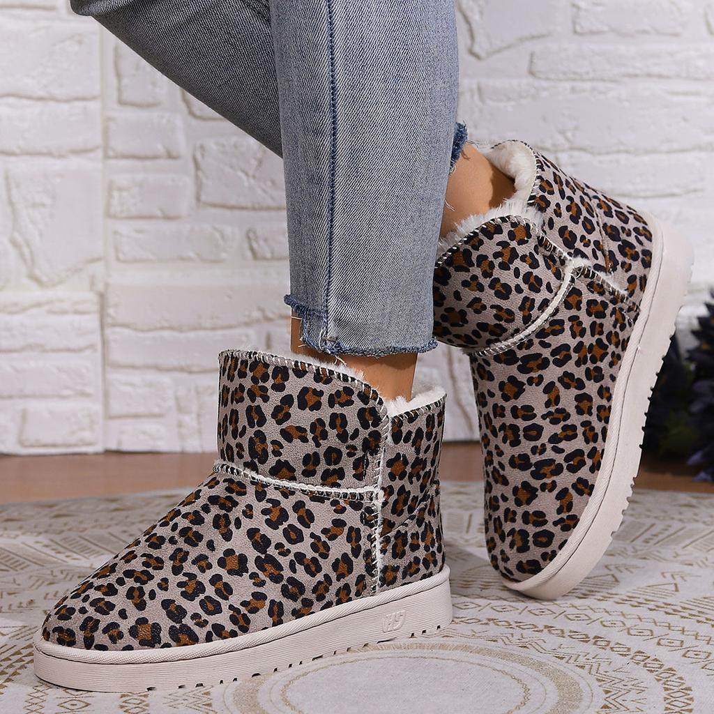 Fashion Leopard Print Winter Fleece-lined Platform Women's Snow Boots Round Toe Large Size Warm Ankle Hot Fashion 2025 Lamb Ladies Shoes