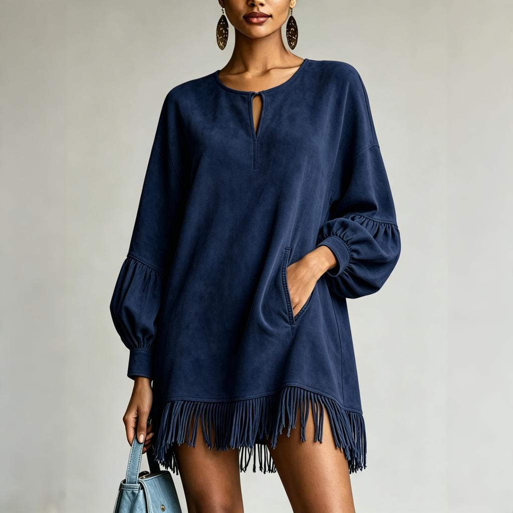Women's Fashion Sleeve Round Neck Slit Dress Loose Fit