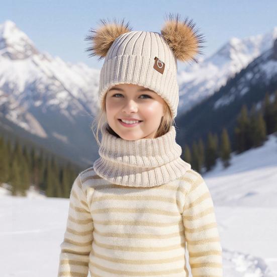 3Pcs/Set Children Winter Hat Scarf Gloves Set Plush Lining Fluffy Ball Decoration Knitting Hat Neckerchief Gloves Set