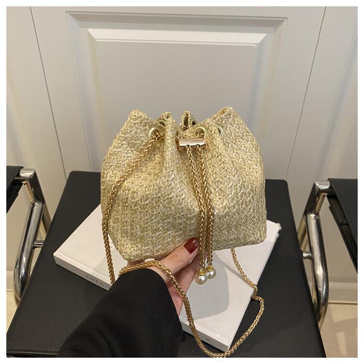 

Соломенная цепочка-пояс новая летняя простая однотонная сумка-ведро через плечо для женщин хаки