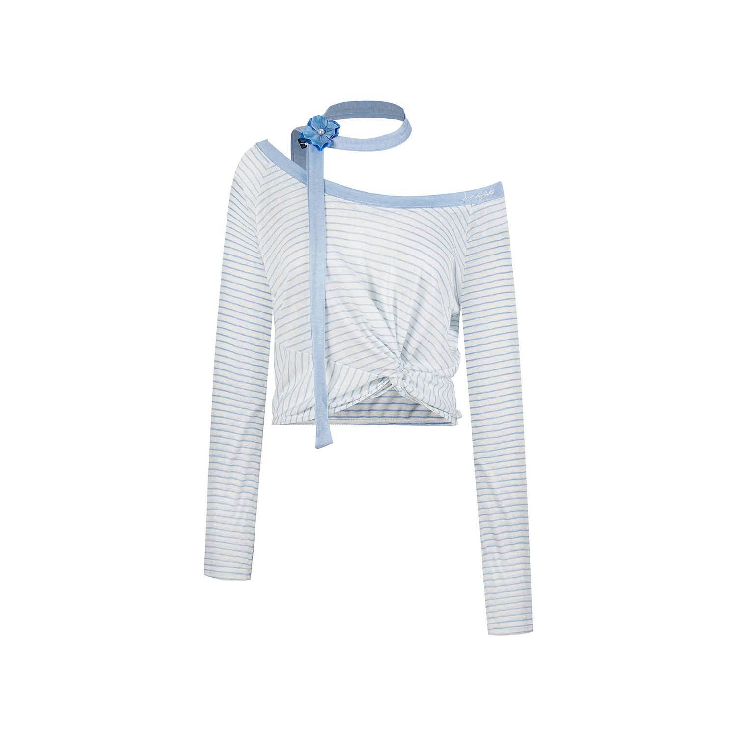UNBDNS Women s Spicy Striped Off-Shoulder Long-Sleeve Blue Cover-Up Top M