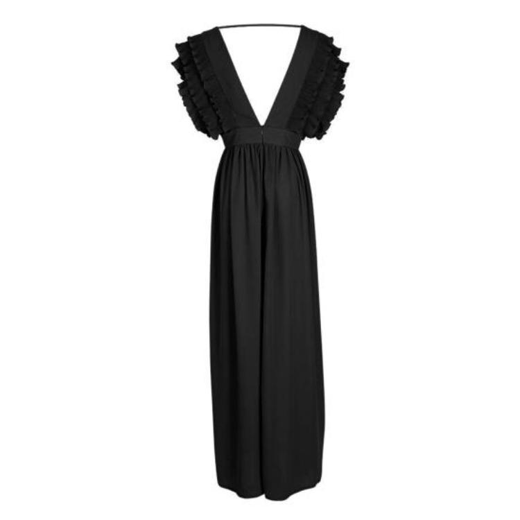 Women Evening Dress Low Cut V Neck Flying Sleeves Ruffled Pleated High Waist Solid Color Floor Length Prom Cocktail Party Formal Elegant