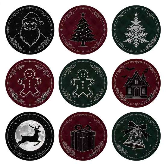 Christmas Wooden Coasters 9Pcs Set, Heat Resistant Cup Mats, Waterproof Non Slip Drink Round Table Protection Mats for Home Office Desk Accessories