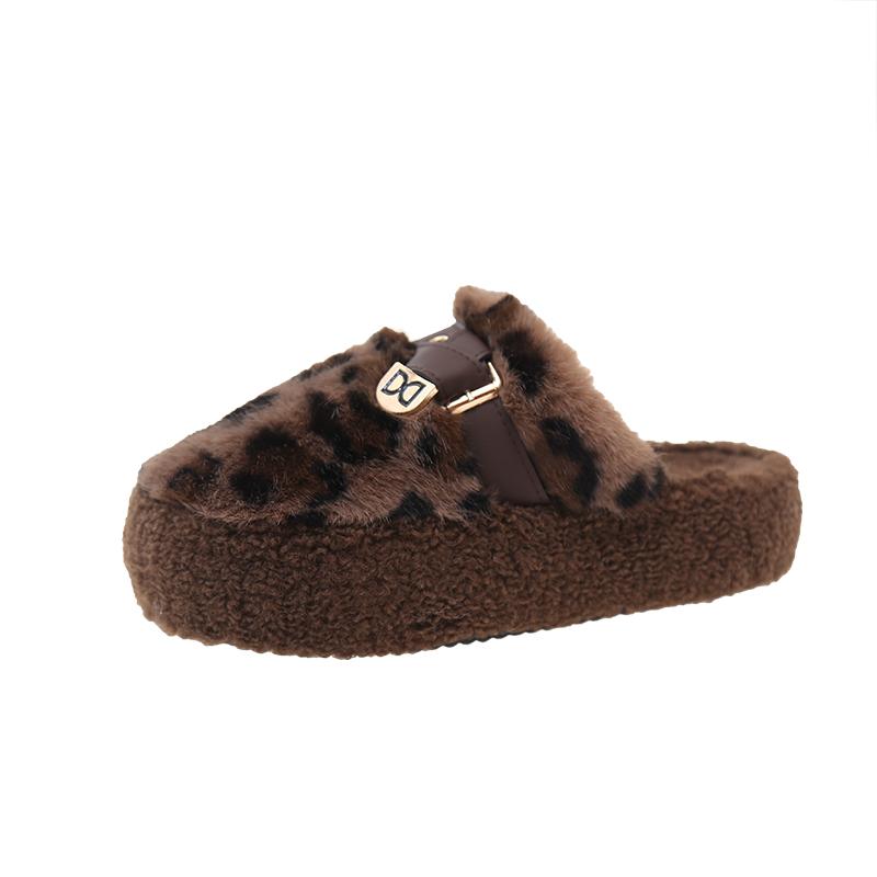 Fashion Winter New Baotou Slippers for Women Round Head Plush Deep Mouth Belt Buckle Anti-slip Wear-resistant Thick Sole Cotton Drag