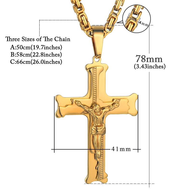 Stainless Steel Big Jesus Cross Pendant with Long Chain Men's Gold Color Crucifix Necklaces Male Religious Jewelry Dropshipping