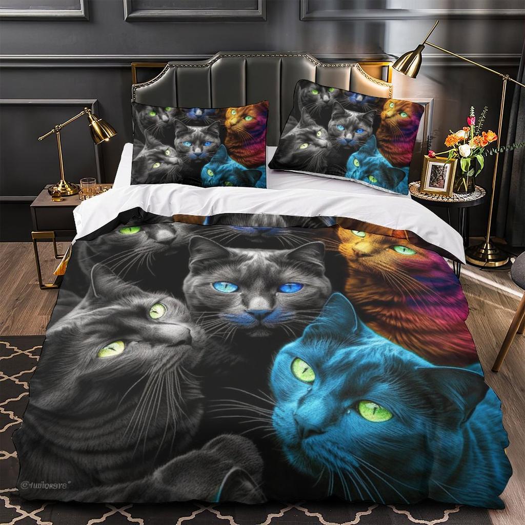 3D Digital Printing Color Cat Series Quilt Cover Pillowcase Two Or Three-Piece Set Polyester Abraded