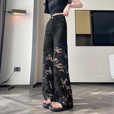 Women's Summer Black Lace Lightweight Openwork Wide-Leg Jeans: Loose-Fit Beaded Slimming Straight-Leg Pants