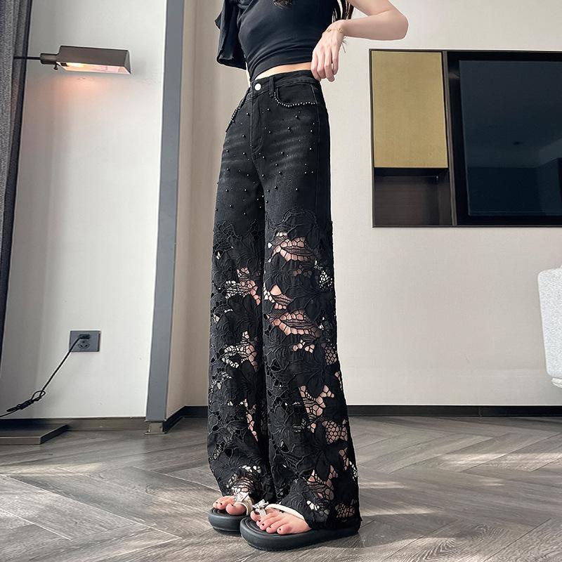 Women's Summer Black Lace Lightweight Openwork Wide-Leg Jeans: Loose-Fit Beaded Slimming Straight-Leg Pants