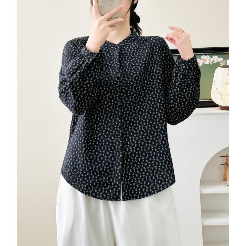 Spring 2026 Women's Printed Cotton Gauze Long Sleeve Stand Collar Cardigan Shirt