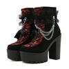 Fashion Vintage Gothic Lace Ankle Boots for Women Chunky Heel Side Zipper with Chain Detail Platform Goth Boots High Heels Women Shoes