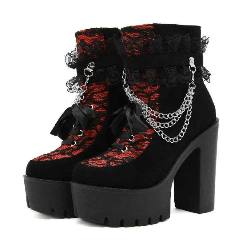 Fashion Vintage Gothic Lace Ankle Boots for Women Chunky Heel Side Zipper with Chain Detail Platform Goth Boots High Heels Women Shoes
