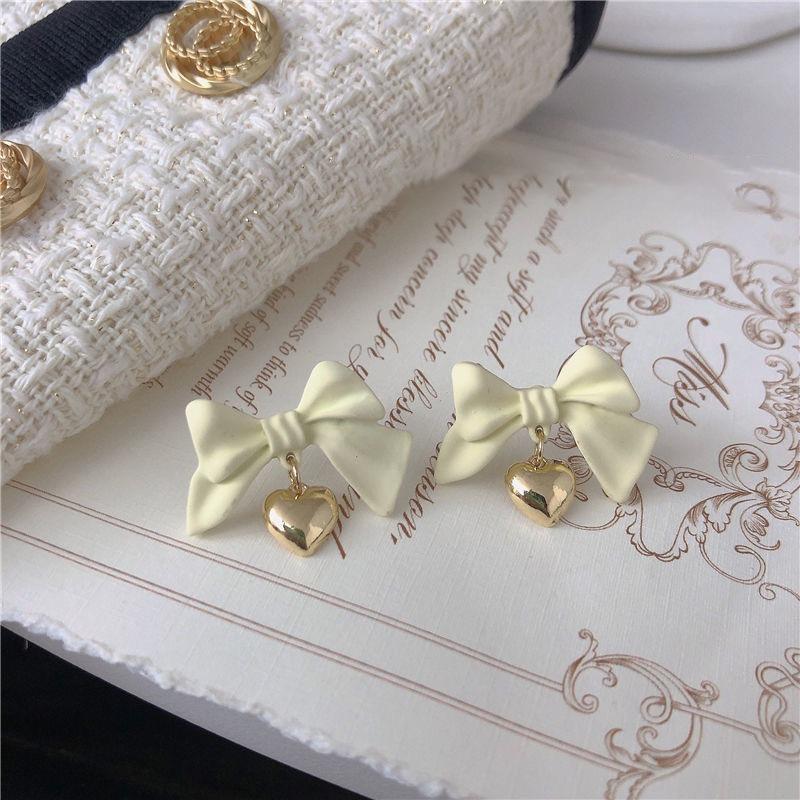 Super Fairy Cream White! Sweet Bow Metal Love Pendant Earrings Female Ins Girl Autumn and Winter Stud Earrings