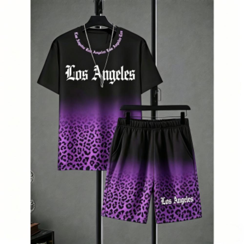 Men's Set Letter Leopard Printed Men's T-shirt and Shorts 2 Piece Set Summer Casual Outdoor Plus Size Men's and Women's T-shirt Sets