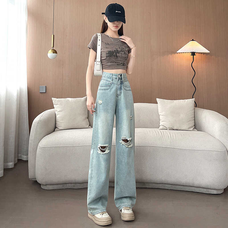 Blugi rupți pentru femei de vară subțiri noi cu talie înaltă drepți și largi cu efect de slăbire pantaloni cu picior lat care alungesc picioarele