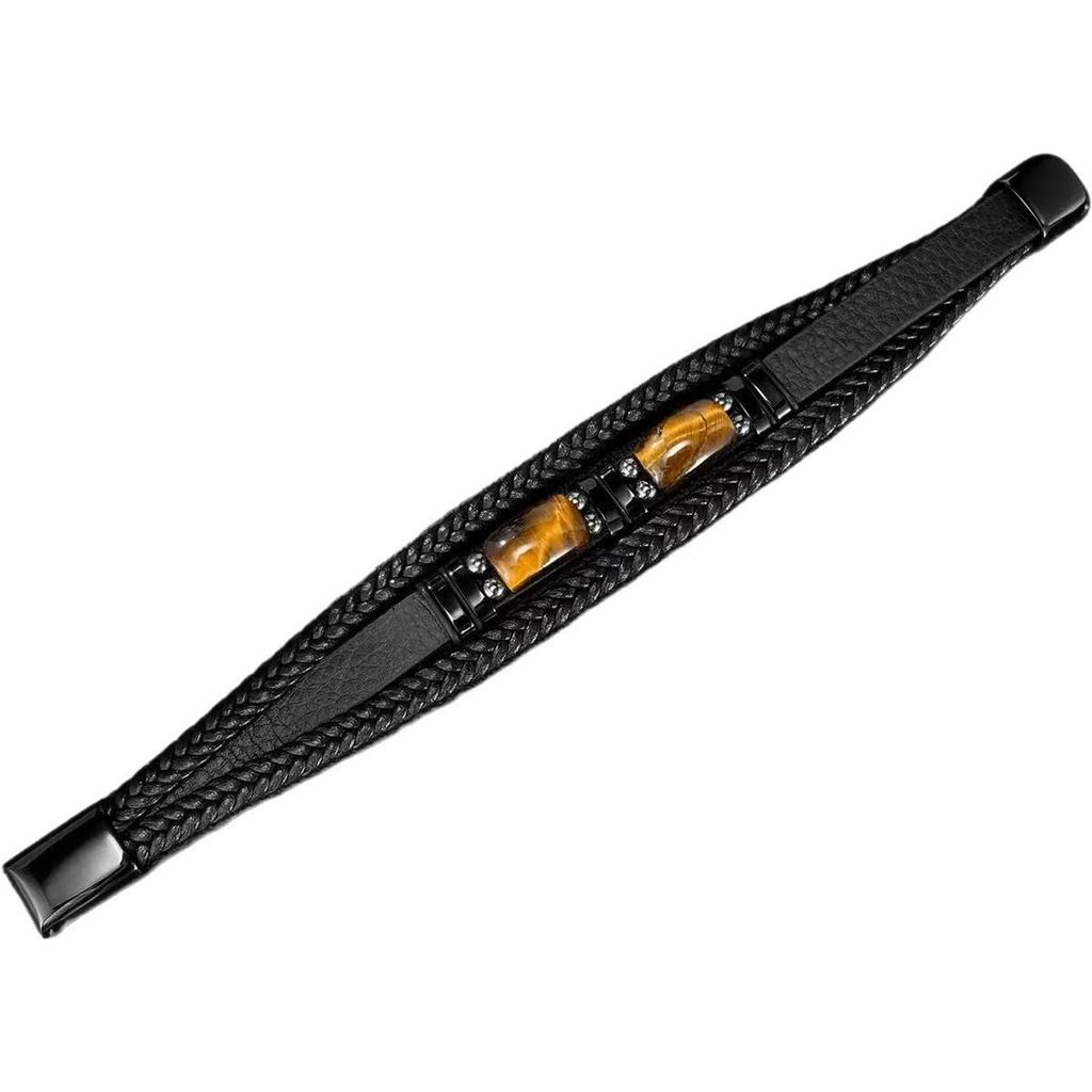 Bracciale da uomo in pelle nera a doppio strato con occhio di tigre giallo e acciaio inossidabile