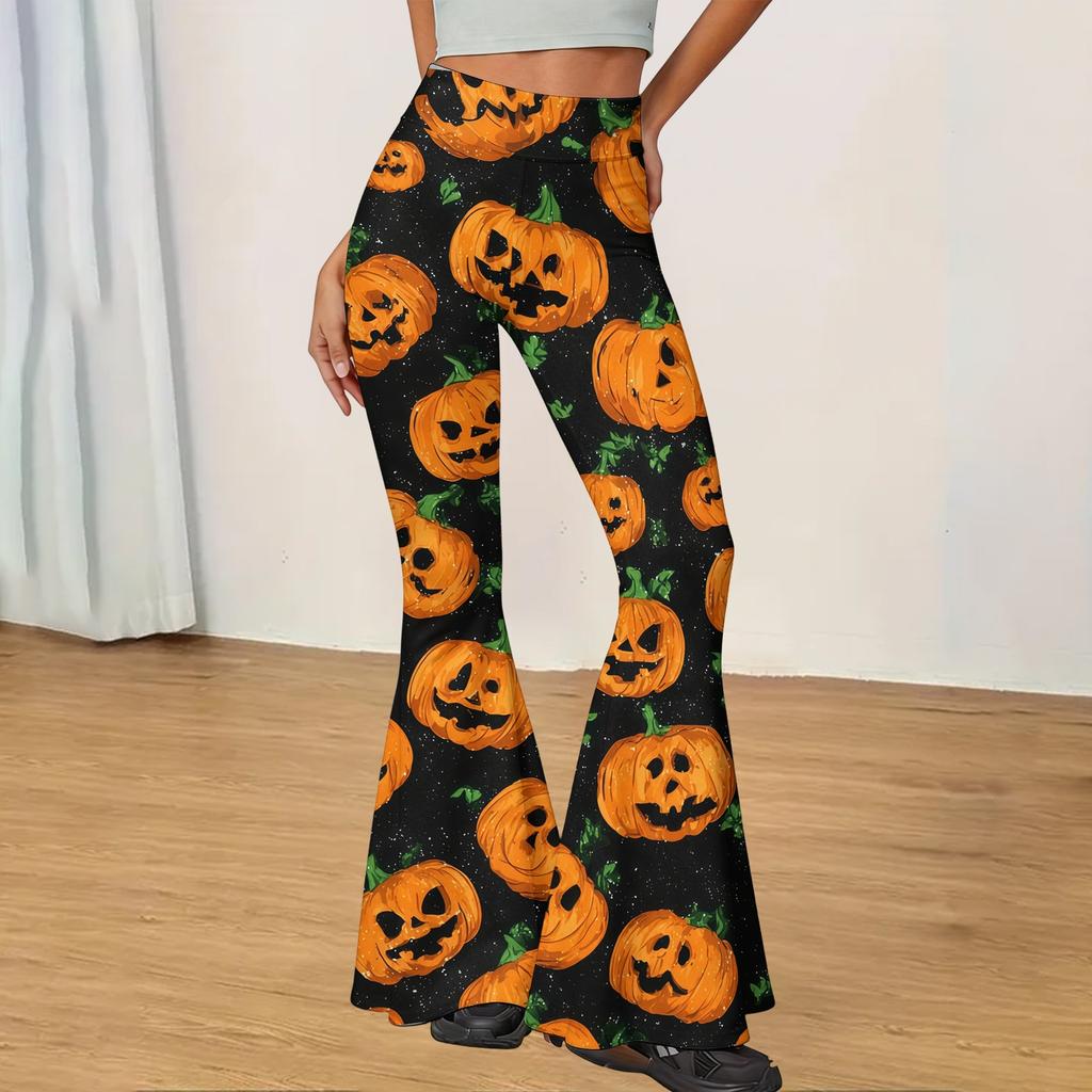 Women's Halloween Print Yoga Pants - Flared Leggings, Casual Stretchy Bell Bottom Pants for Women, for Yoga, Daily Wear and Party