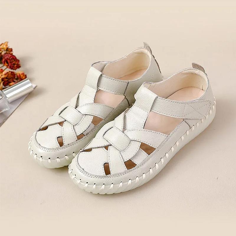 Fashion New T Strap Roman Shoes 43 Woman Genuine Leather Flats Fisherman Sandals Women's Summer Hollow Breathable Lazy Shoes Lady Flats