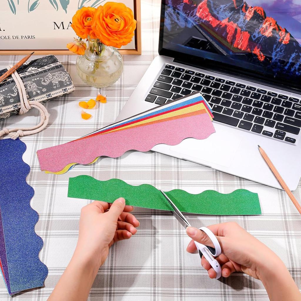 Geyee 120 Pieces Glitter Bulletin Board Border Scalloped Border Trim Shiny Bulletin Poster Decoration Colorful Glitter Paper for School Classroom
