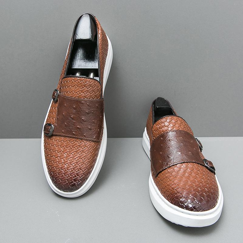 2024 New Men Monk Wedding Brown Prom Dress Bridegroom Luxury Men Shoes Designer Handmade Leather Shoes Fashion Casual Flat Shoes