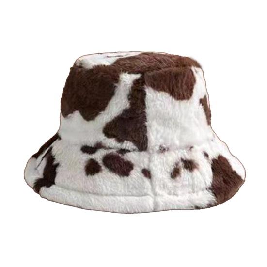 Faux Fur Fisherman Bucket Hat Milk Cow Pattern Warm Cozy Fluffy Bucket Hat Christmas Thanksgiving Headwear