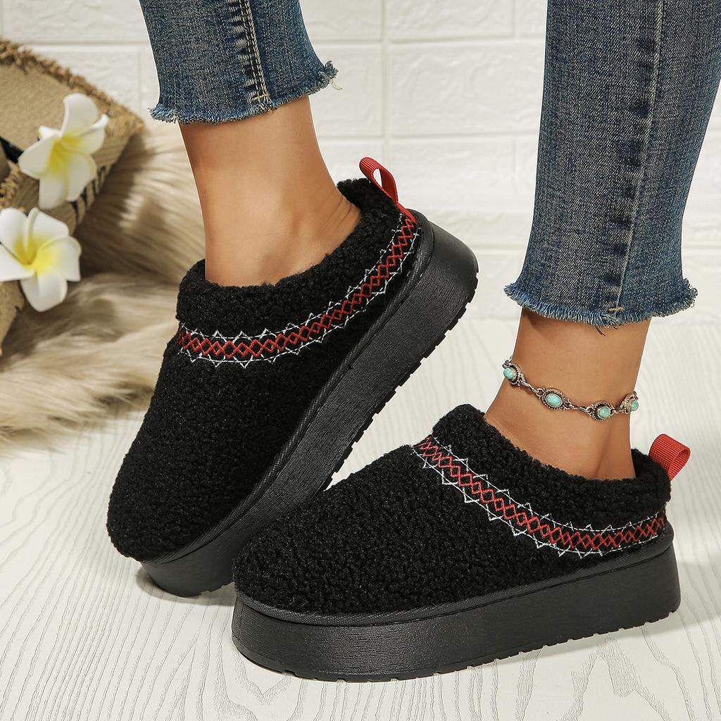 Thick Bottom Furry Ethnic Style Snow Boots Half Slippers Women's Autumn and Winter New Toe Box for Outdoors Fleece-Lined Platform Cotton Slippers