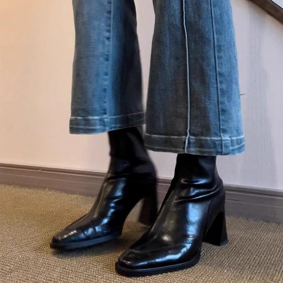 Cowhide Short Boots 2026 Autumn/Winter Square Head Thick Heel Elastic Boots Elegant Versatile Short Boots