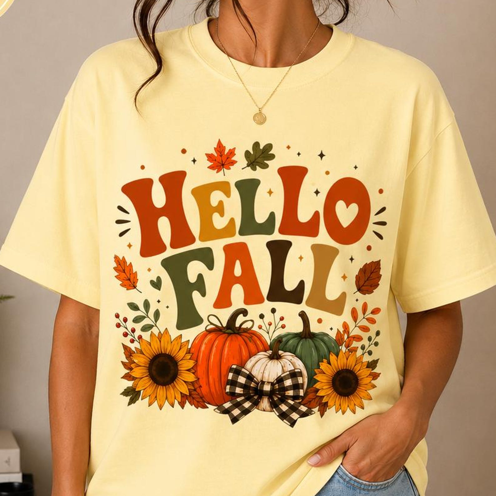 Hello Fall Shirt, Fall Pumpkin T-Shirt, Autumn Graphic Tee, Cozy Fall Shirt, Sunflower Pumpkin Shirt, Cute Fall Tee for Women S