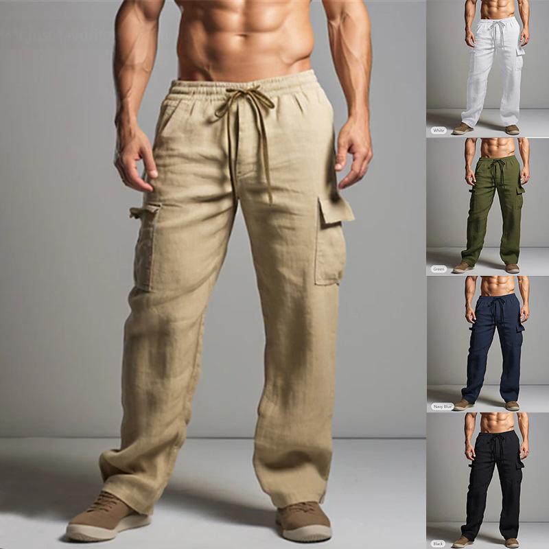 Pantalones casuales holgados y ligeros para hombre, con cordón y cintura elástica, para yoga, playa, rectos, transpirables y con bolsillos.