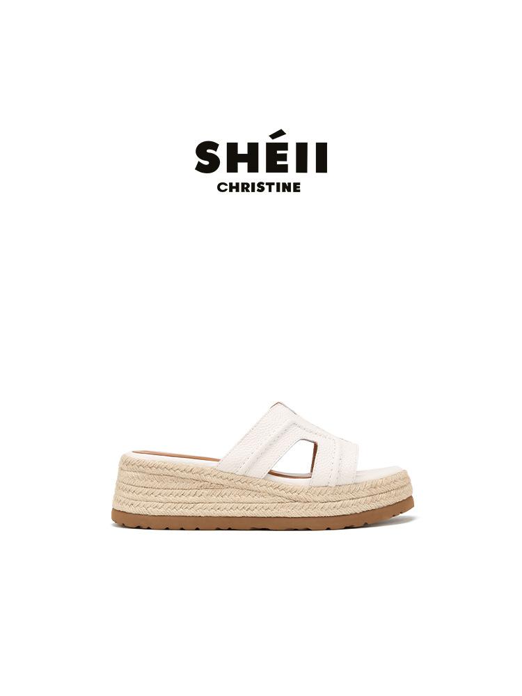 Cowhide version~ Su Yinyin vacation H-type hemp rope woven slippers women's outer wear slope heel thick bottom beach cool slippers summer