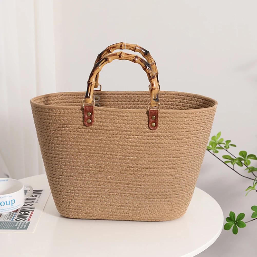 Cotton Woven Handbags Bamboo Handle Tote Summer Striped Hand-Woven Top-handle Bags Large Capacity Women's Bags Weaving Beach Bag