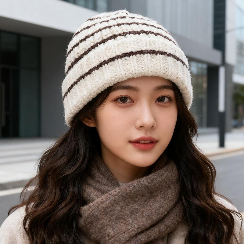 Japanese Striped Color blocked Woolen Hat for Women Fashionable and Simple Ear Protection Knitted Hat  Versatile Couple  Baotou Cold Hat Men's Trendy