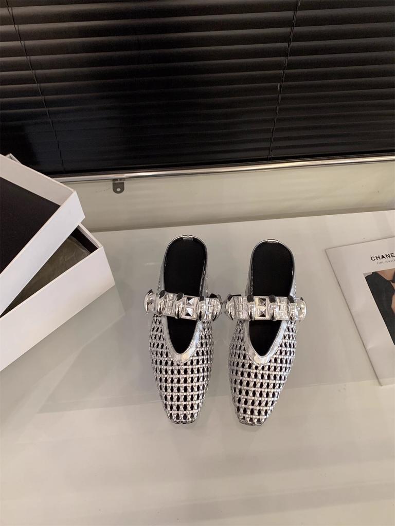 Inner height increase silver rhinestone mesh bag head half slippers women's shoes outer wear 2025 new summer Mary Jane sandals