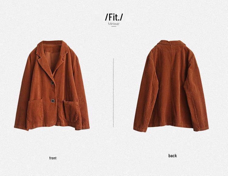 Spring 2023 Women's Corduroy Suit Collar Jacket - Retro Casual Solid Color Long Sleeve Outerwear