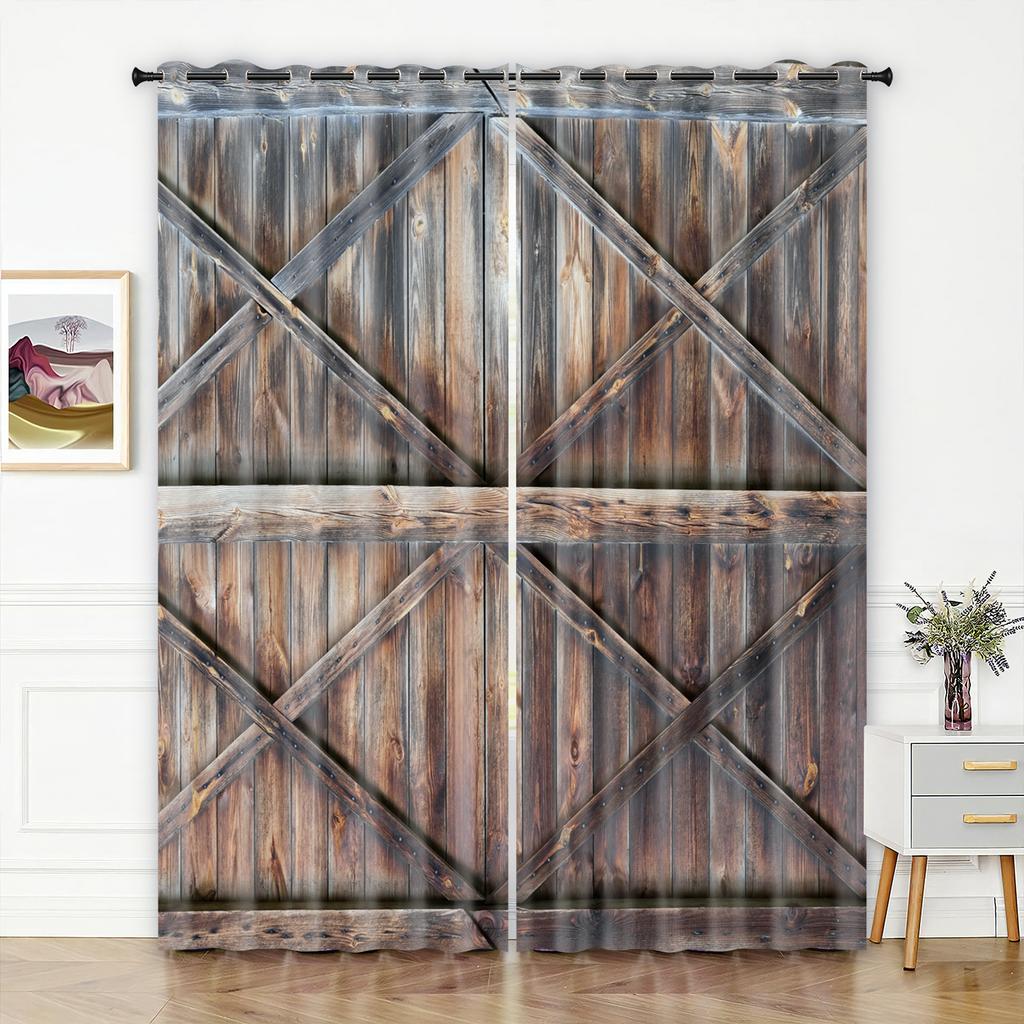 Curtain Series 3D Digital Printing, Simple Wooden Door High Density Blackout Curtain Bedroom
