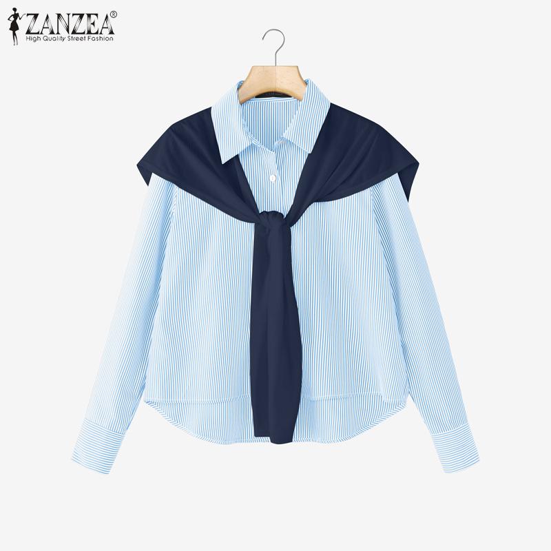 ZANZEA Bluză casual cu dungi cu guler întors pentru femei