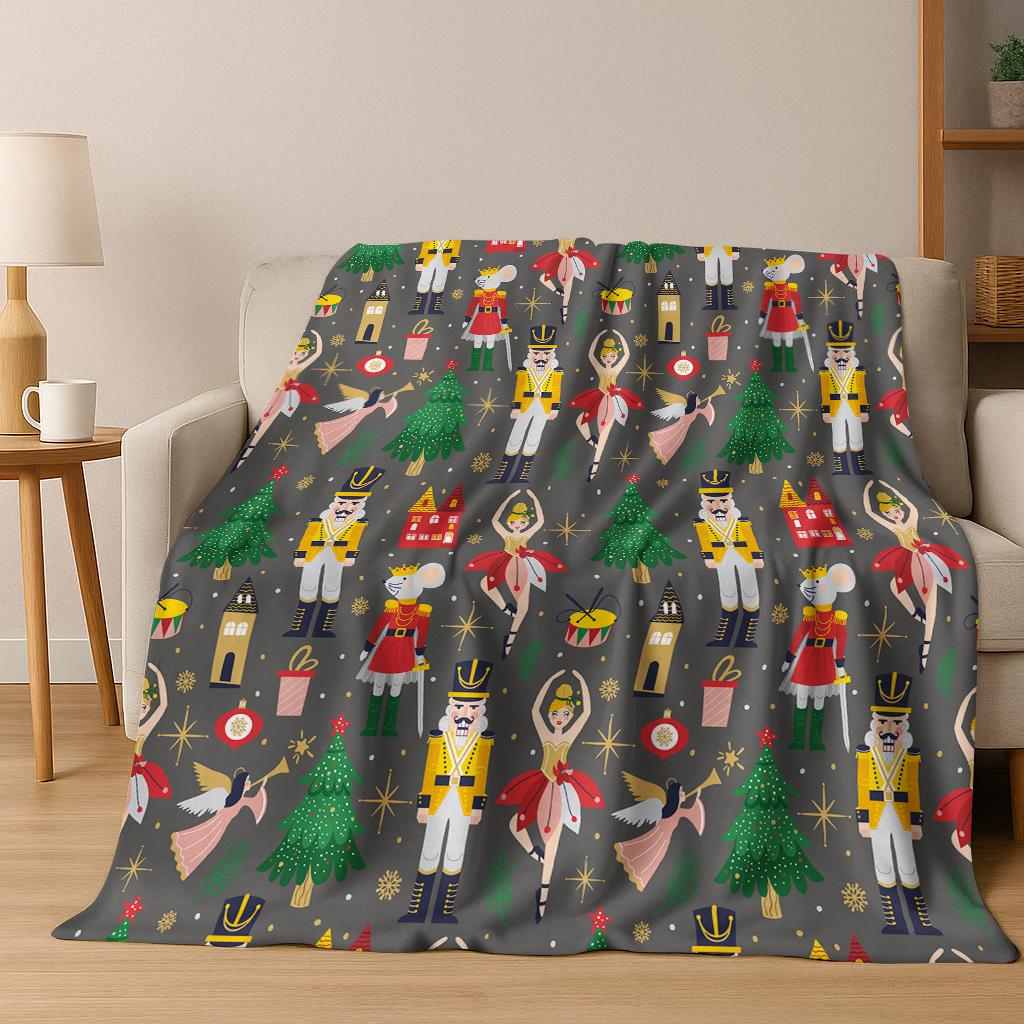 Frohe Weihnachten Baum Nussknacker Cartoon Puppe Neujahrsgeschenk Flanell Decke, Weiche Wohndecke für Zuhause Schlafzimmer Bett Sofa Kinder