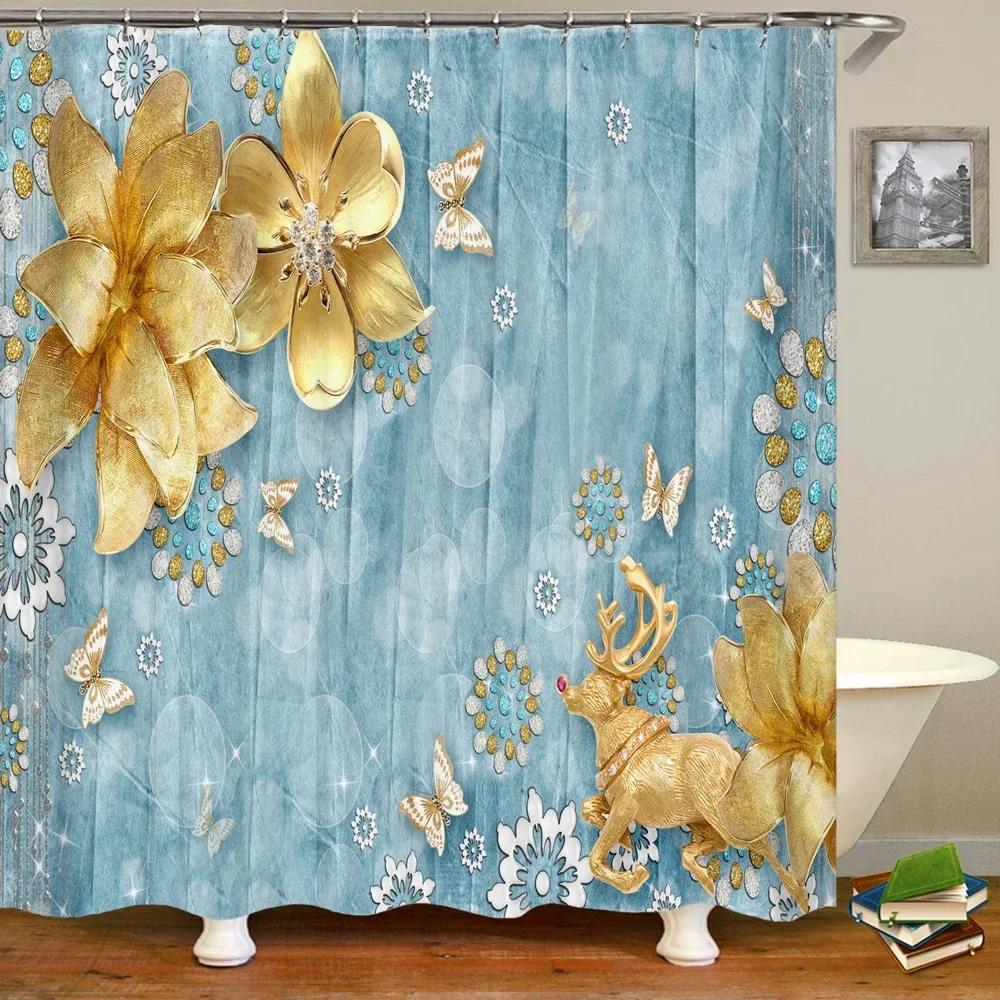 3D European Beautiful Flower Printing Bathroom Curtain Waterproof Polyester Shower Curtain Home Decoration Curtain With Hooks