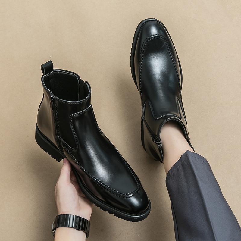 Mode Herren Klassische Retro Business Leder Chelsea Stiefeletten Herrenmode Lässig Britischer Stil Kurzer Stiefel Dickbesohlt High-Top Schuhe