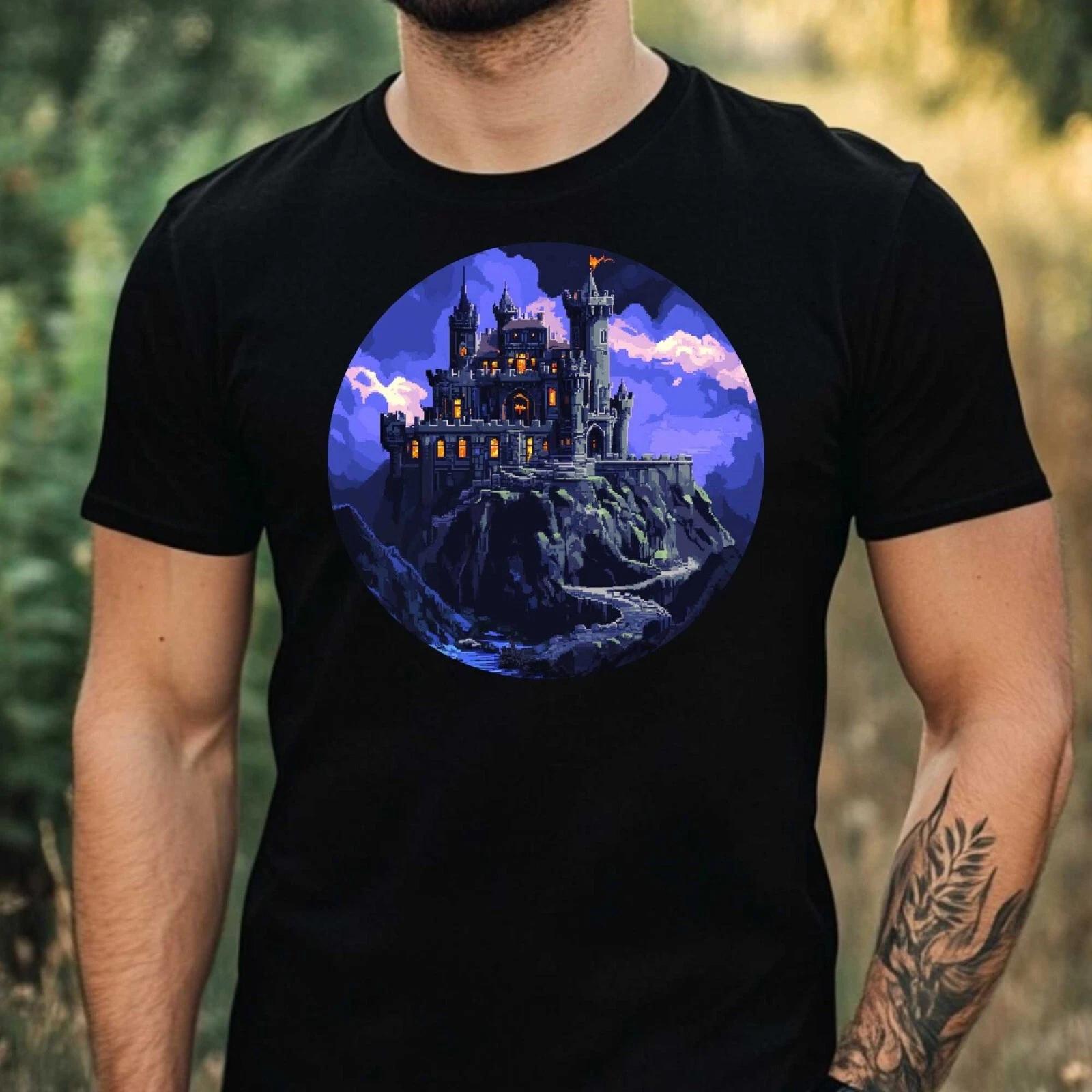 T-Shirt Herren Burg Pixel Art Motiv Baumwolle Größe XS bis 5XL XS